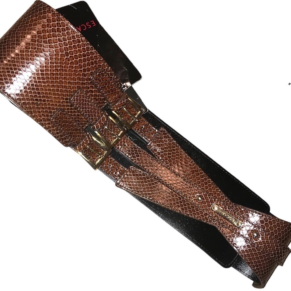NWT Escada Leather Wide Waist Woman’s Belt Brown Snake Gold Hardware Italy